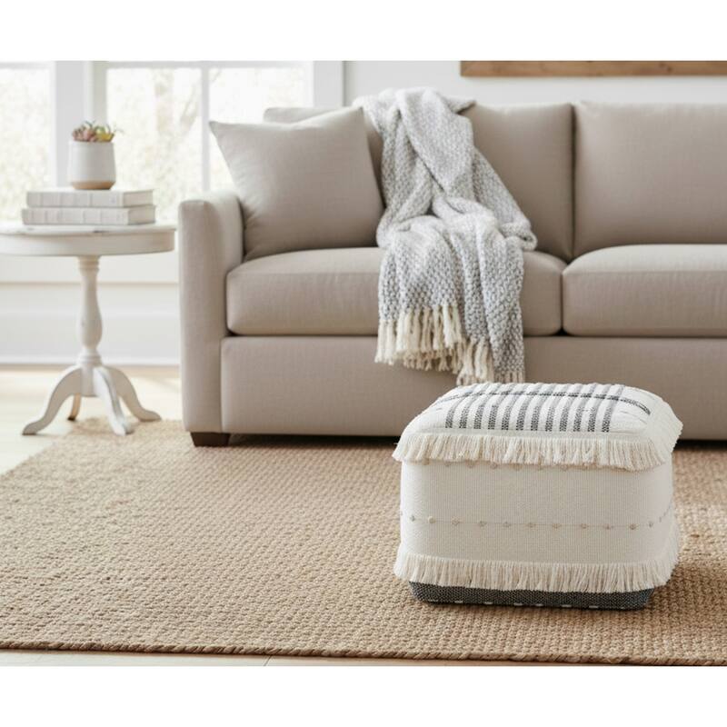 Sevita Black and Ivory Farmhouse Chic Shag Stripe Pouf Ottoman - 18" x 18" x 14" - Black/Ivory