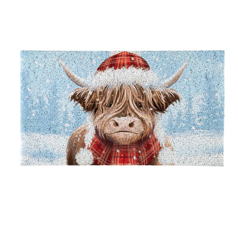 Holiday Highland Cow PVC Door Mat - 28" x 16"