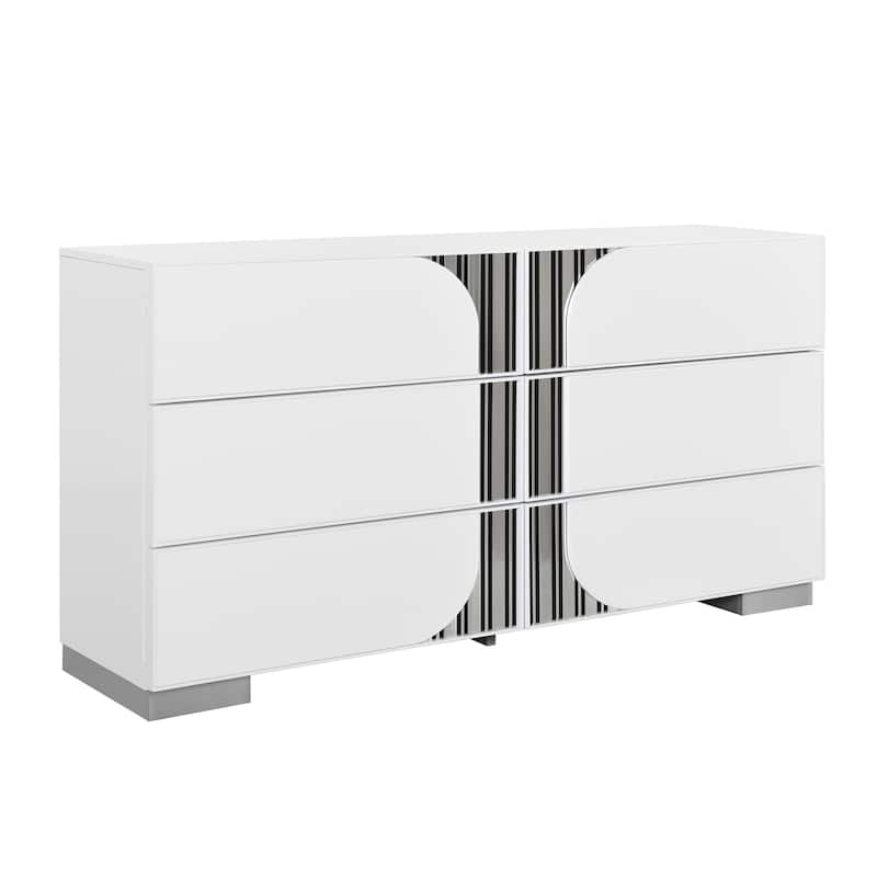 HomeRoots 64" White Wood With Silver And Black Mirrored Accents Six Drawer Double Dresser