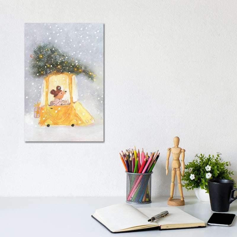 iCanvas "Little Mouse Carrying Christmas Tree On The Top Of The Car" by Natalia Shaloshvili Canvas Print - 12x8x0.75