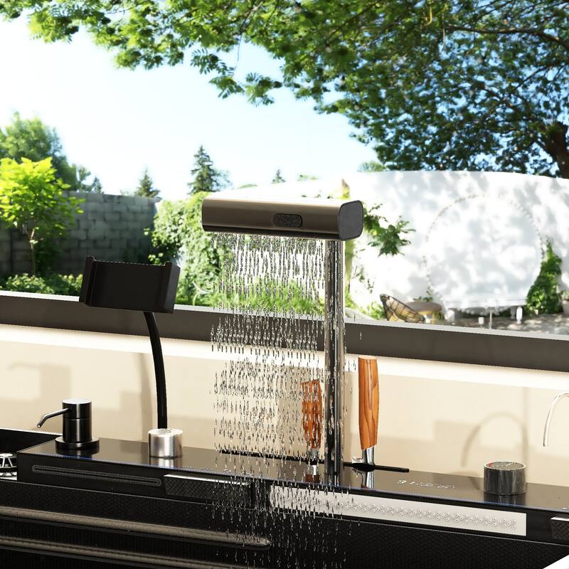 29.4 Inch Smart Kitchen Sink Workstation with LED Display, Multi-Function Faucet, Cutting Board & Drain Control