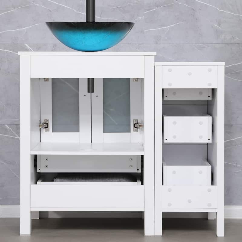 36" White Bathroom Vanity Sink Set with Side Cabinet Vessel Sink Faucet Combo