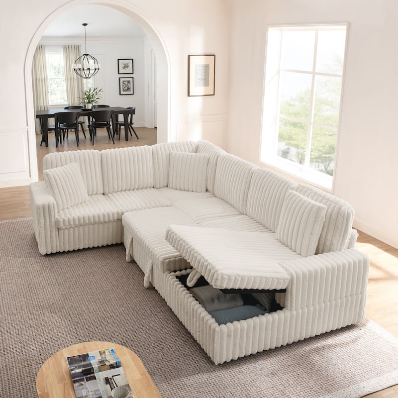 Corduroy Upholstered Reclining Sofa U-shaped Sleeper Sectional Couch with Pull Out Bed, Storage Chaise and Adjustable Backrests