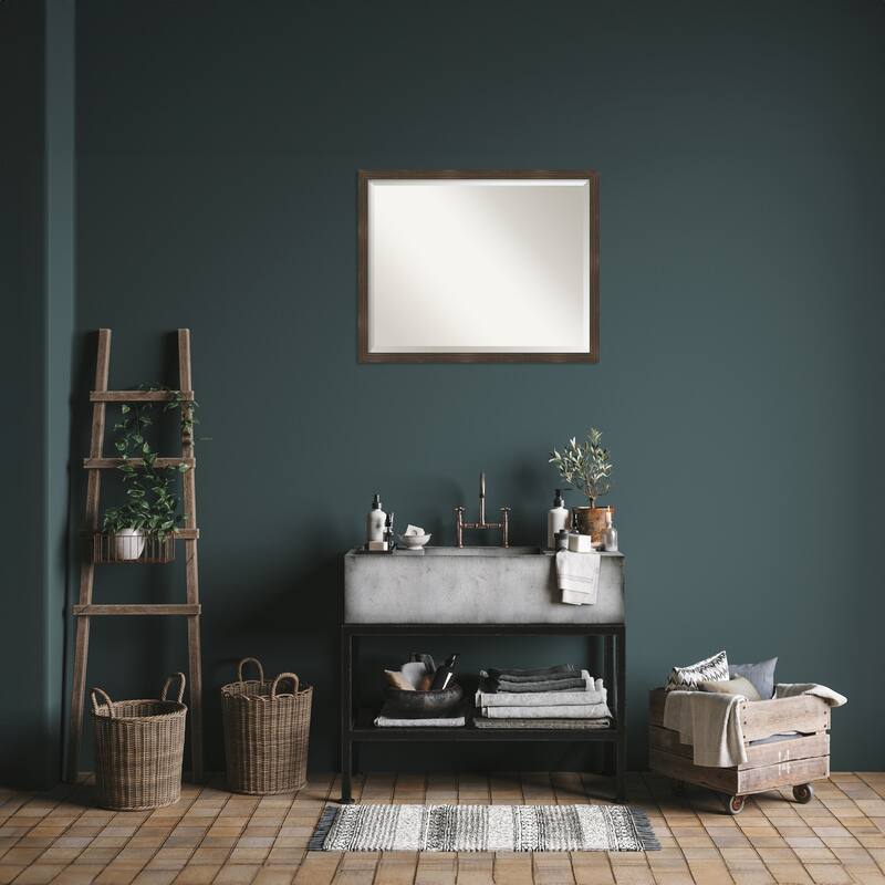 Woodgrain Stripe Beveled Wood Framed Bathroom Vanity Wall Mirror