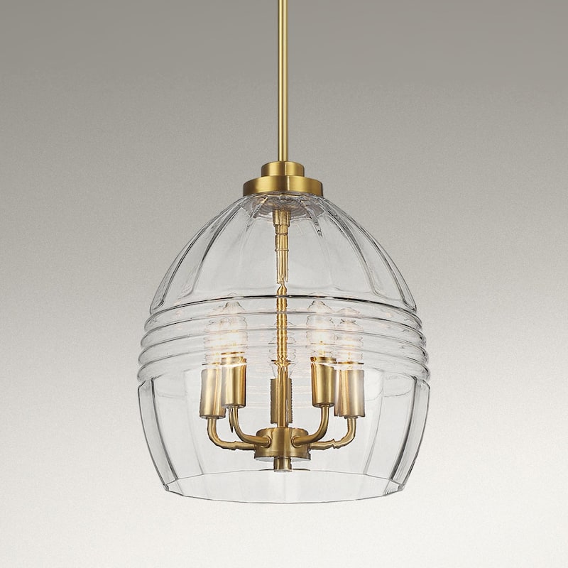 Five Pendant Chain Hanging Light with Clear Glass - Satin Brass
