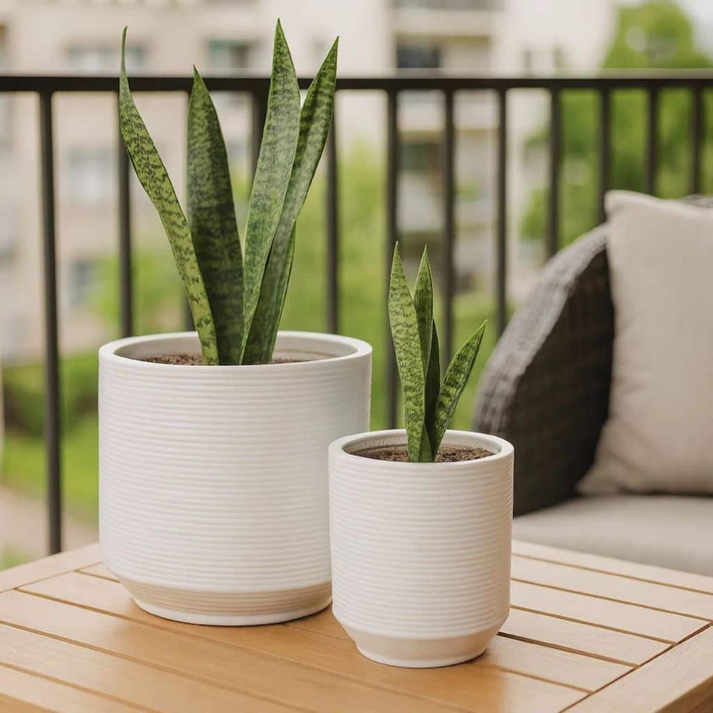 Fusie Planter Set of 2, Round, White Ceramic, Horizontal Texture