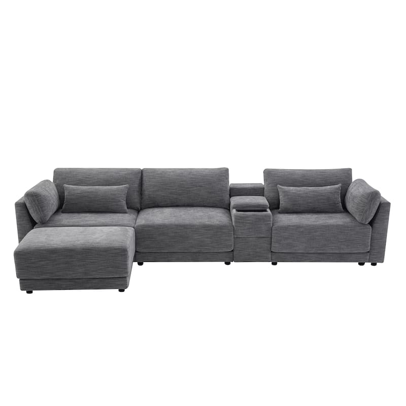 124'' L-Shaped Sectional Sofa Chenille Upholstered Cloud Couches with Multi-Functional Storage Console & Movable Ottoman