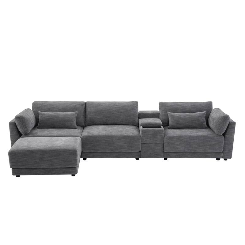 Roomfitters 124'' L-Shaped Sectional Sofa with Storage Console, Charging Station, Modular Couch with Ottoman, Chenille