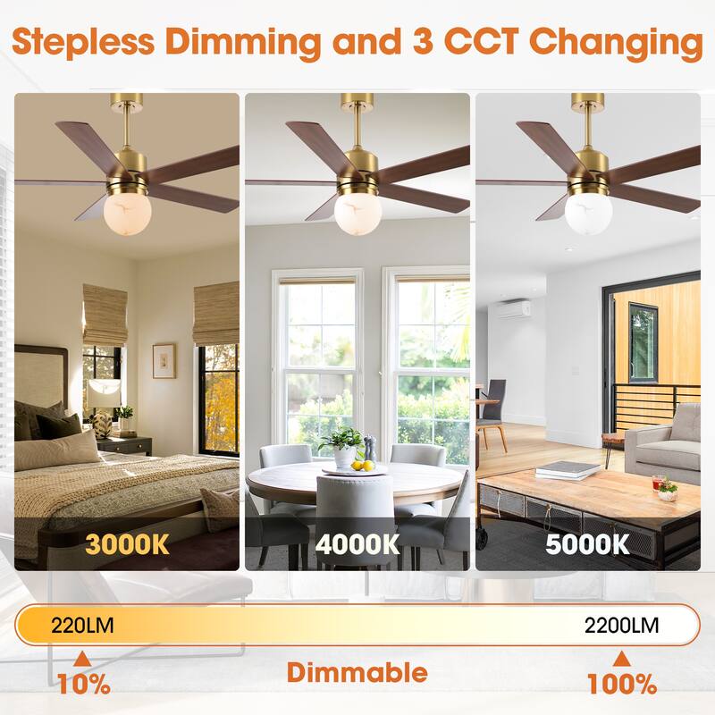 52" Modern Globe Frosted Glass Gold Dimmable Ceiling Fan with Light and Remote