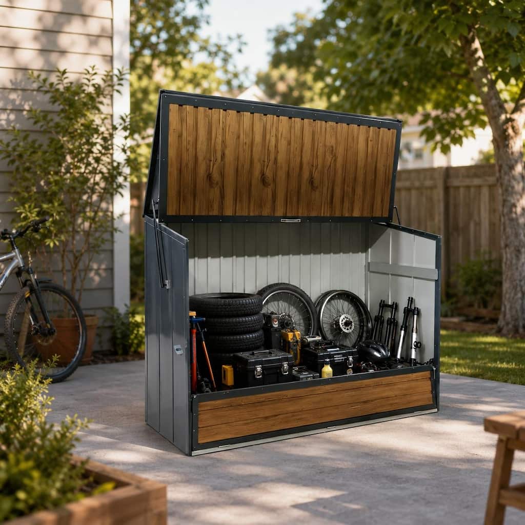 Wood Grain Galvanized Steel Storage Cabinet, Lift-Up Top & Foldable Front Door Large Capacity Tool Cabinet for Backyard Use