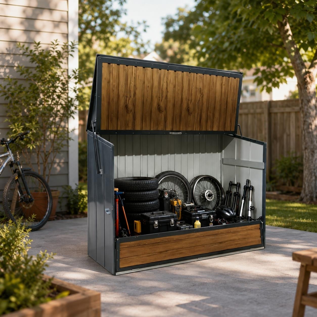 Wood Grain Galvanized Steel Storage Cabinet, Lift-Up Top & Foldable Front Door Large Capacity Tool Cabinet for Backyard Use