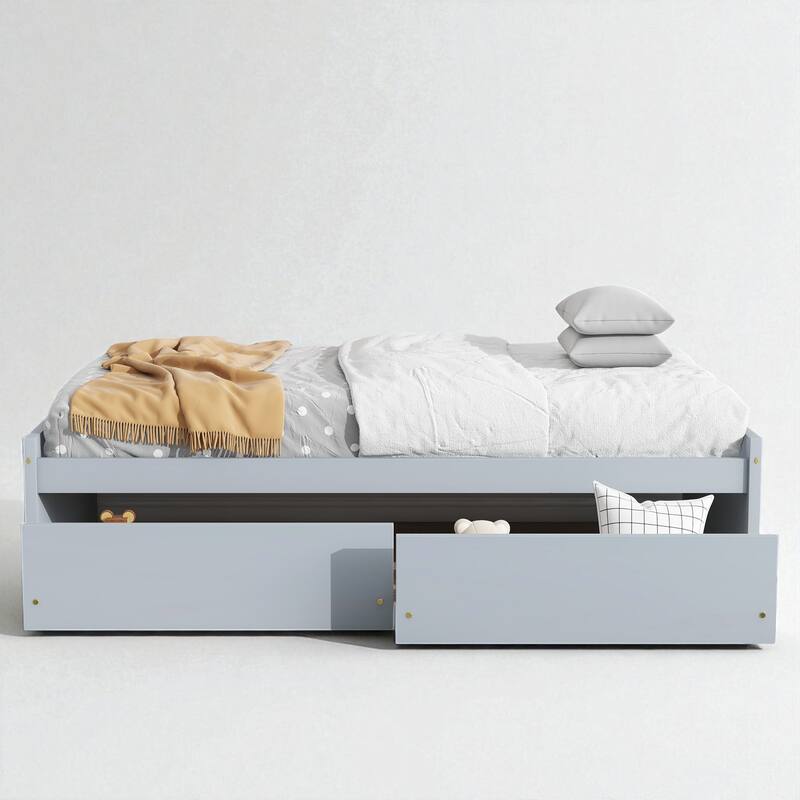 Twin Bed with Storage Drawers, Solid Rubberwood Platform, 10 Slats, No Box Spring Needed, Kids & Guest Room, 76.6"x41.6"