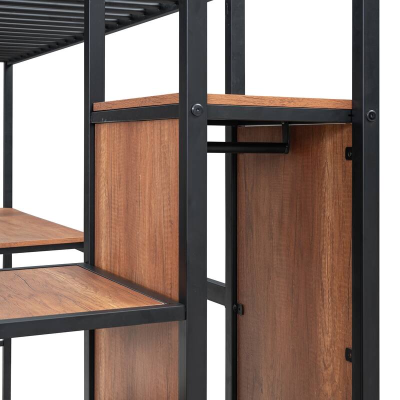Twin Metal Loft Bed with L-Shaped Desk, Shelves, and Wardrobe Storage