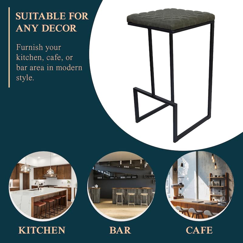Quincy Leather Counter Barstool – Upholstered Square Seat with Quilted Back, Footrest, and Metal Legs for Kitchen or Dining Area