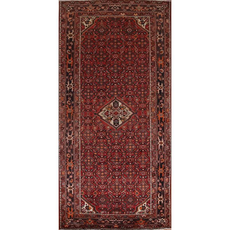 Hand Knotted Oriental 100% Wool Carpet Traditional Geometric Red Hamedan Area Rug - 10' 7'' X 5' 3''