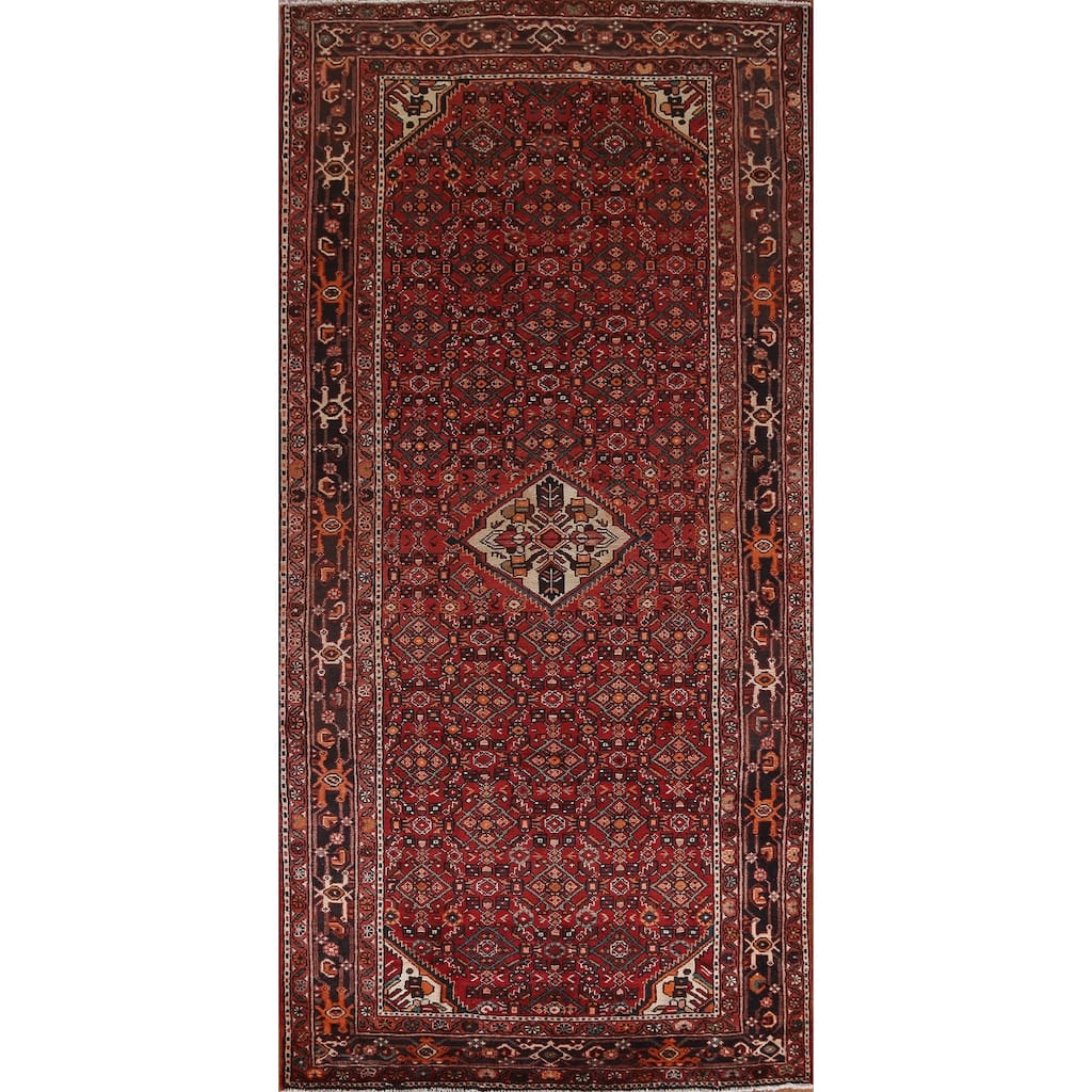 Hand Knotted Oriental 100% Wool Carpet Traditional Geometric Red Hamedan Area Rug - 10' 7'' X 5' 3''