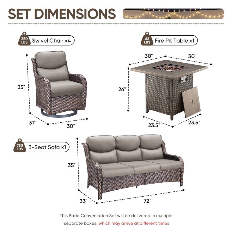 Pocassy Outdoor Propane Fire Table w/ Sofa Swivel Chair Ottoman Funiture Set.