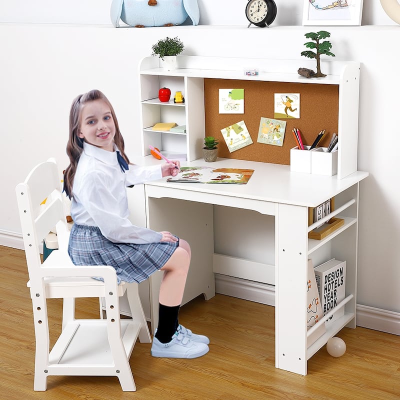 Wooden Study Desk and Chair Set for Kids,White Learning Table