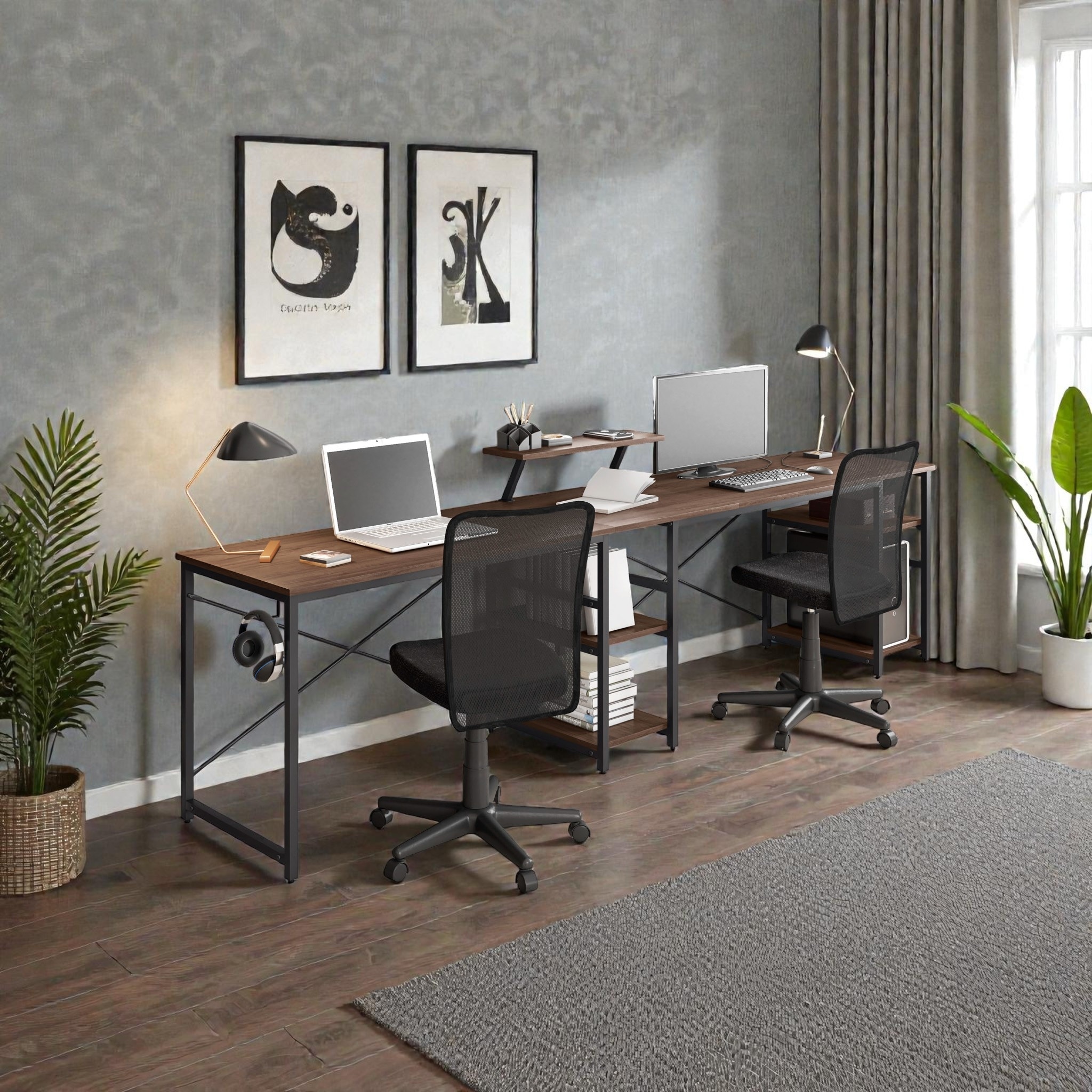 L-Shaped Computer Desk with Storage Shelves, Reversible Inline Office Desk with Monitor Stand and Accessory Holder