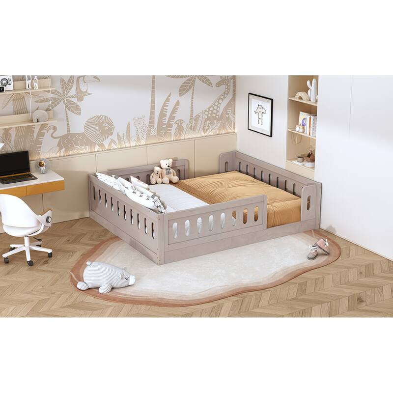 Roomfitters Full Size Wood Platform Bed with Semi-Enclosed Guardrail, Low Profile