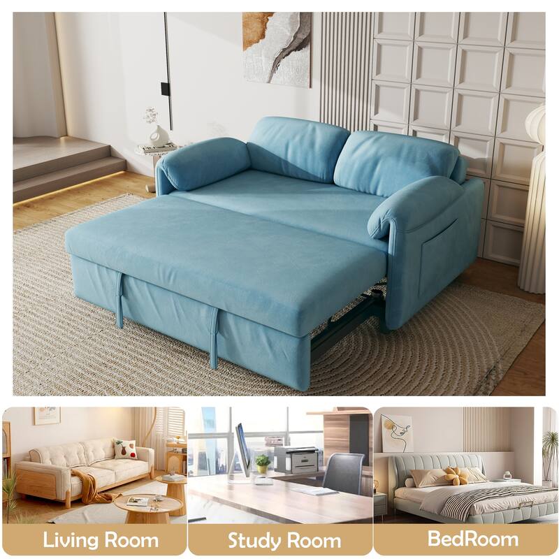 3 in 1 Convertible Sleeper Sofa Bed, Velvet Pull Out Couch Bed, Loveseat Sofa with Reclining Back & Pillows Armrests