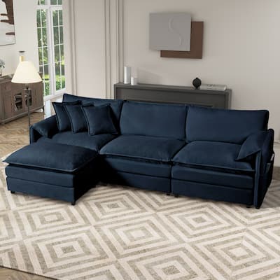 Modular L Shaped Sofa, Chenille, Blue, Oversized Deep Seat with Ottoman, DIY Combination