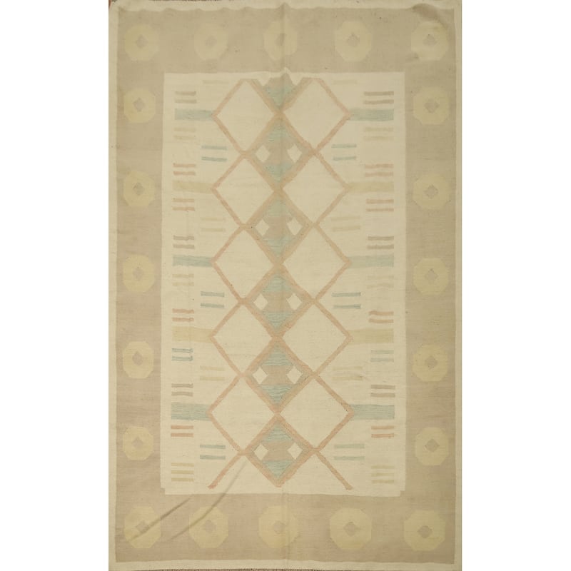 Hand Woven Oriental 100% Wool Carpet Southwestern Tribal Beige & Ivories Kilim Area Rug - 9' 8'' X 6' 5''