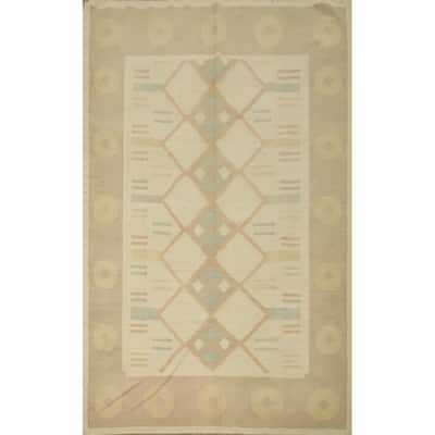 Hand Woven Oriental 100% Wool Carpet Southwestern Tribal Beige & Ivories Kilim Area Rug - 9' 8'' X 6' 5''