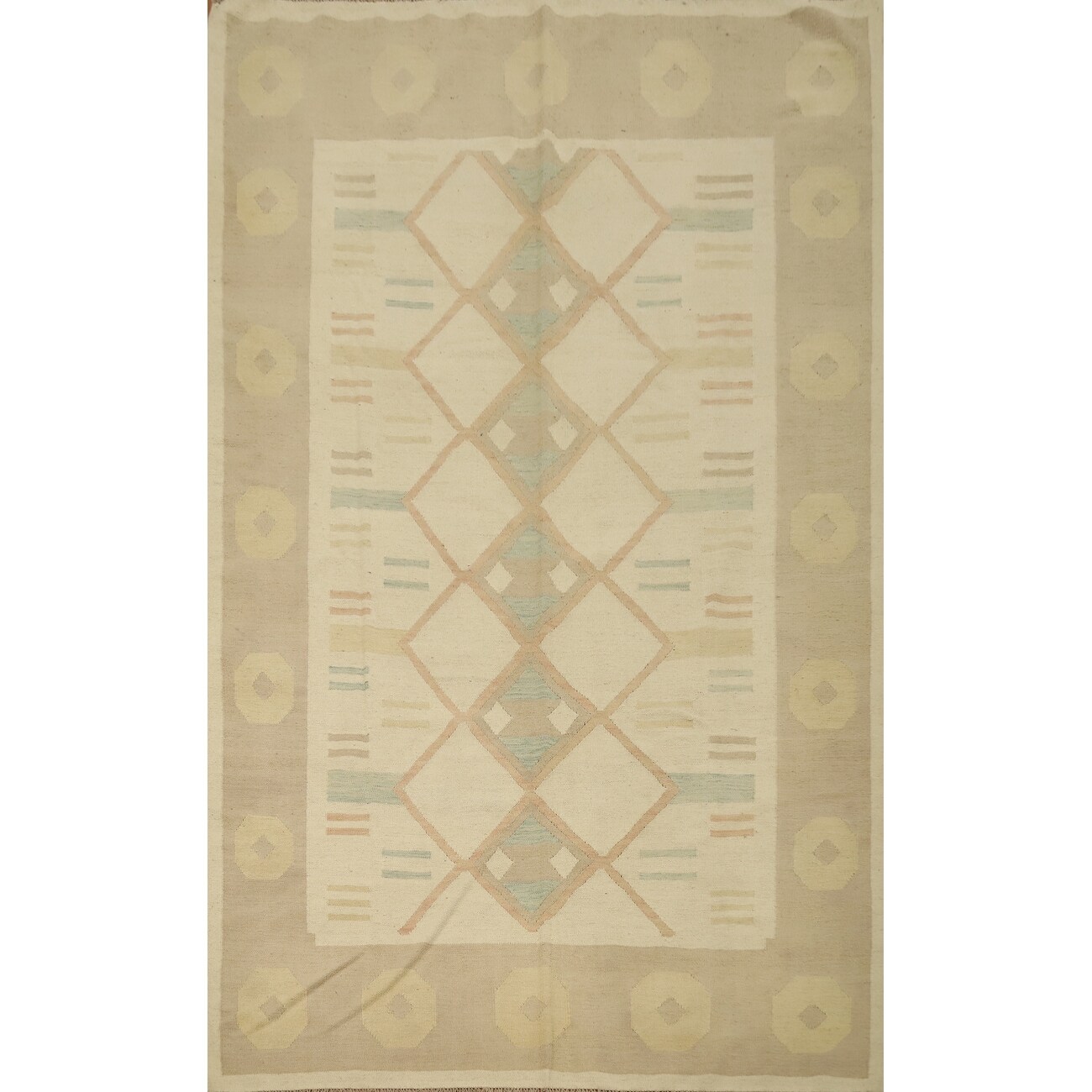 Hand Woven Oriental 100% Wool Carpet Southwestern Tribal Beige & Ivories Kilim Area Rug - 9' 8'' X 6' 5''