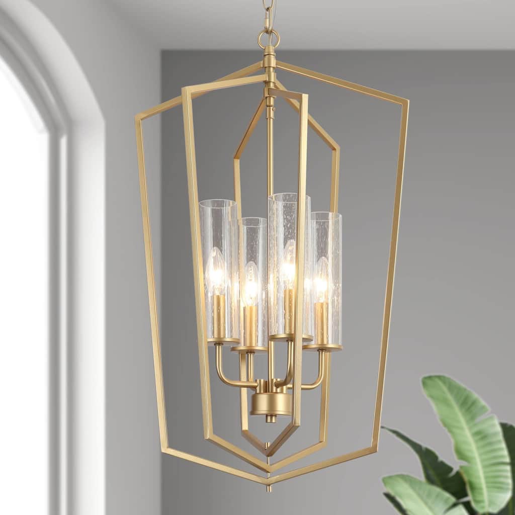 Mid-Century Modern 4-Light Gold Geometric Chandelier Glass Pendant Lights for Dining Room - 16.5" D x 27" H
