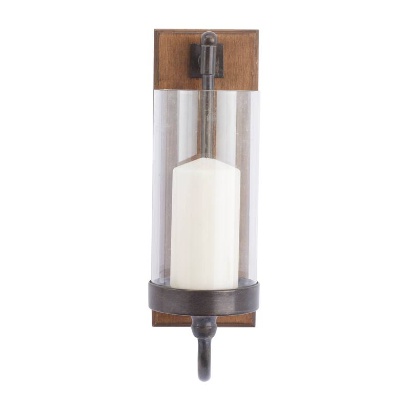 Brown Wood Wall Sconce with Glass Holder - 5"L x 8"W x 16"H