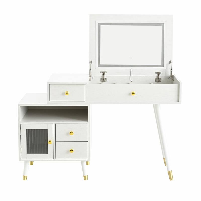 3-in-1 Vanity Desk with Lighted Flip-Top Mirror & Adjustable Cabinet
