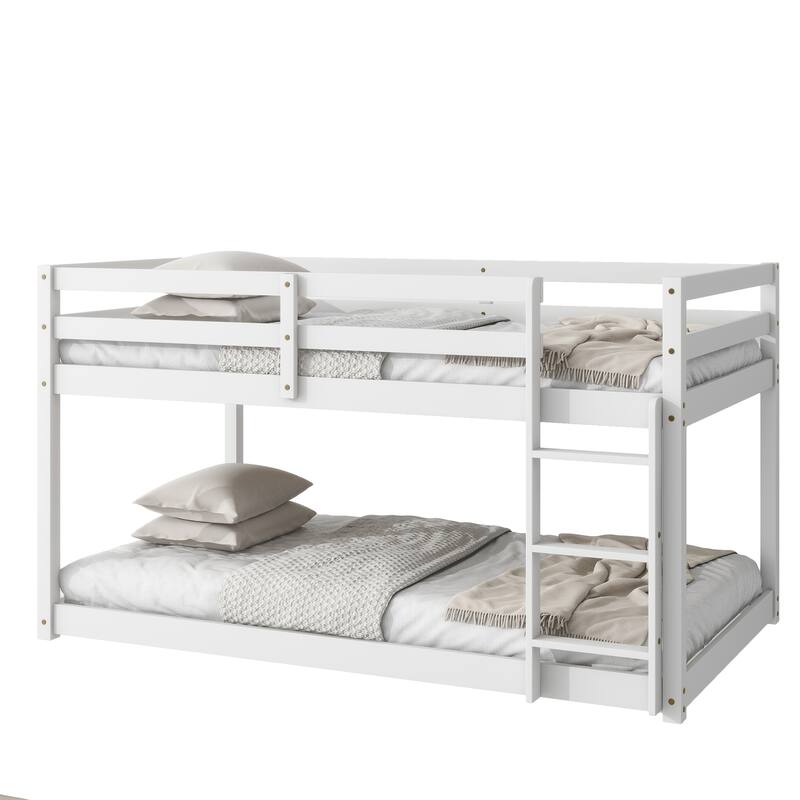 Solid Rubber Wood Twin over Twin Floor Bunk Bed with Ladder, White