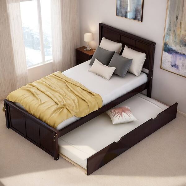 slide 2 of 16, Twin Platform Kids Bed with Trundle, Sturdy Wood Frame, Space-Saving Design, Espresso Espresso