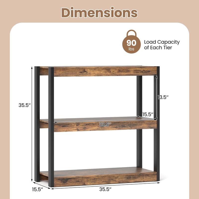Gymax 3 Tier Bookshelf Wooden Bookcase w/ Dual Anti-Tipping Kits Open