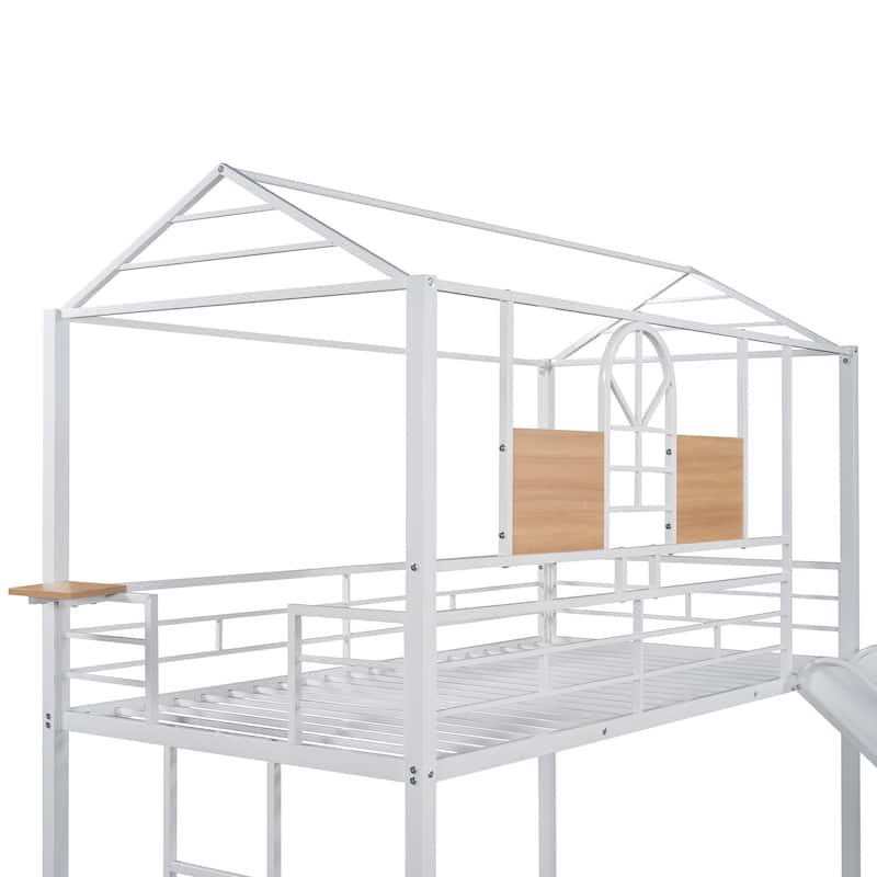 White Twin Over Twin Metal Bunk Bed with Slide, Playhouse Design