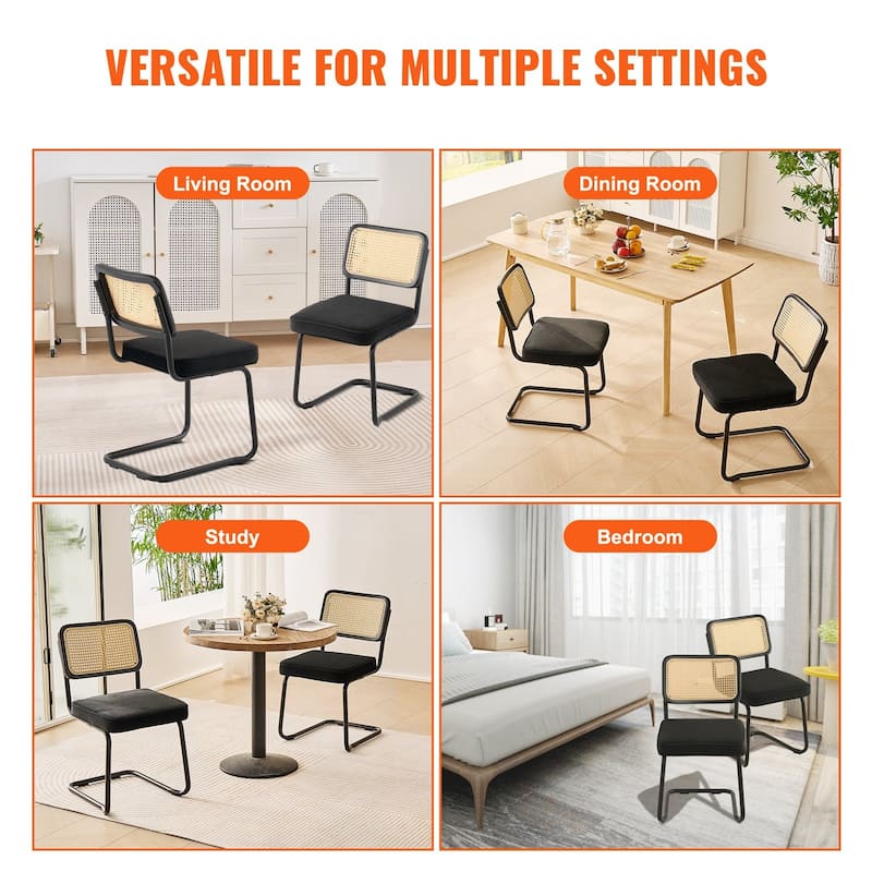Rattan Dining Chairs Set of 4, Mid Century Modern Dining Chair, Upholstered Velvet Accent Chair with Rattan Back, Retro Dining