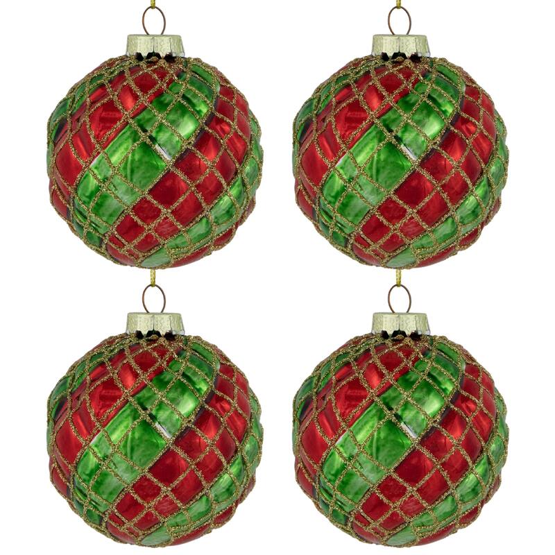 Glitter Lattice Striped Christmas Glass Ball Ornaments - 3" (80mm) - Red and Green - 4ct