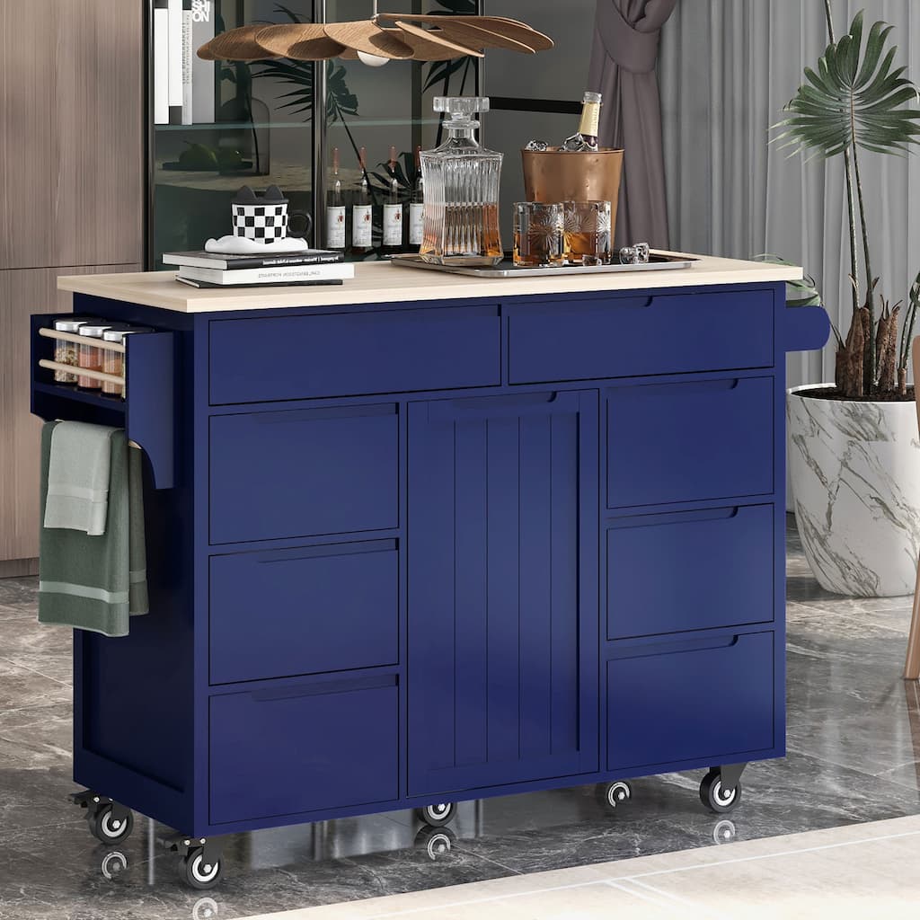 Kitchen Island with 8 Handle-Free Drawers, Rubber Wood Top, Flatware Organizer & 5 Wheels for Storage & Organization