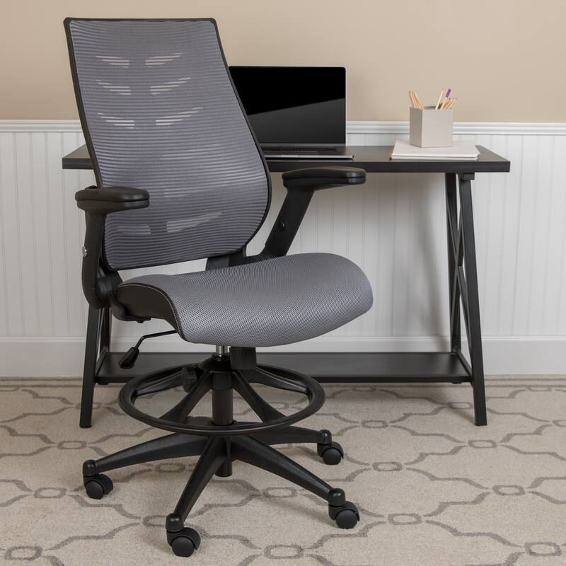 High Back Mesh Spine-Back Ergonomic Drafting Chair with Adjustable Foot Ring and Adjustable Flip-Up Arms - Dark Gray