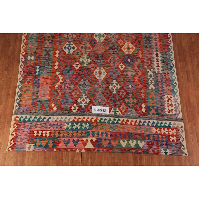 Geometric Kilim Reversible Area Rug Hand-Woven Wool Carpet - 8'1"x 11'2"