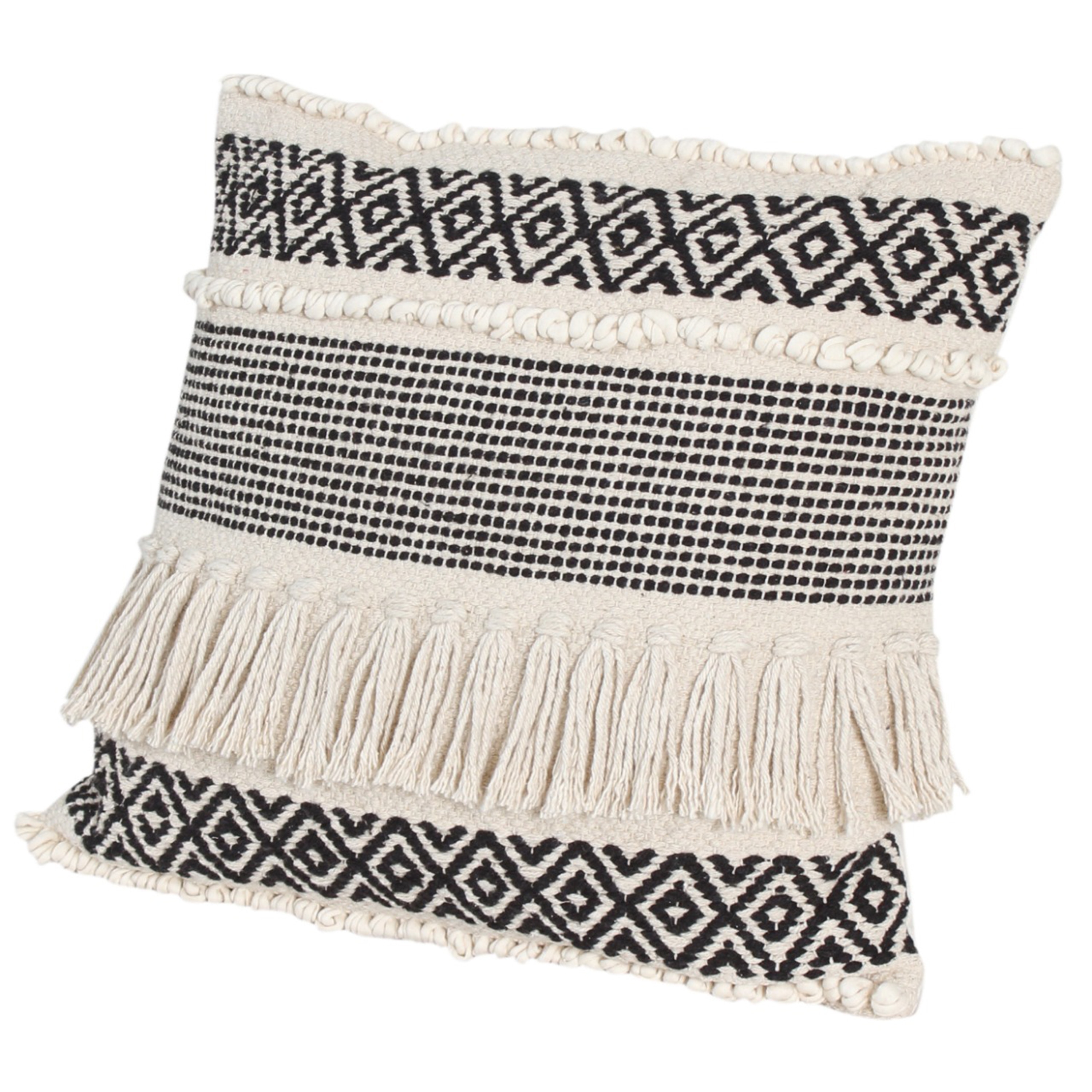 18 x 18 Fringed Square Cotton Boho Style Accent Throw Pillow, Diamond Pattern, Set of 2, Black, White