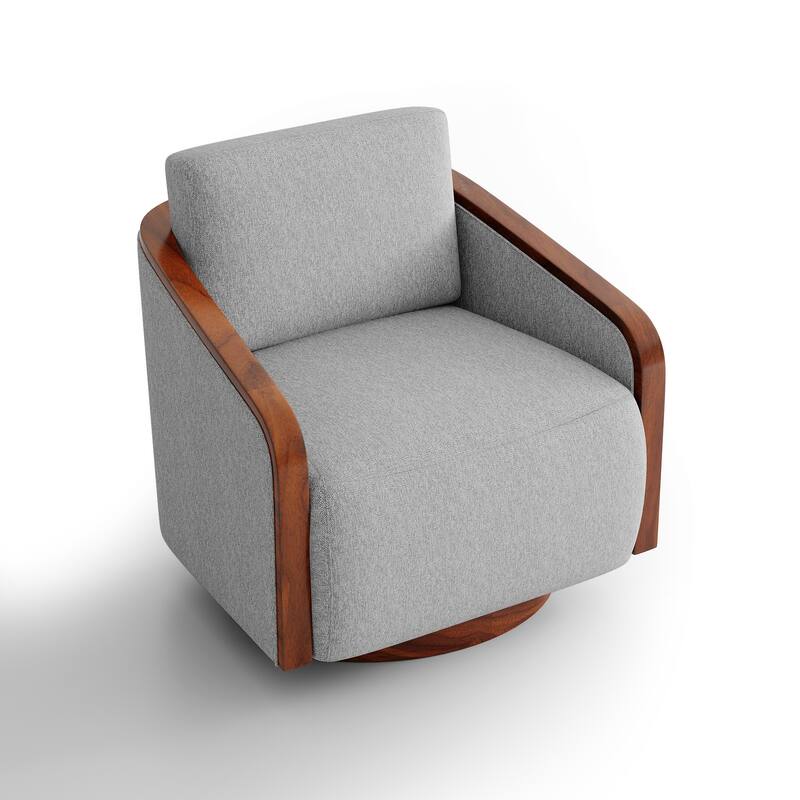 Upholstered Swivel Barrel Chair with Curved Wood Arms