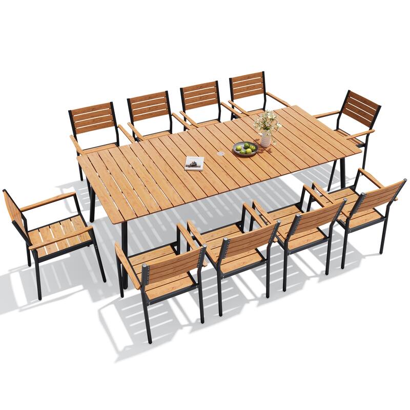 11-piece Outdoor Aluminum Rectangle Patio Dining Table with Umbrella Hole and Chairs - Brown