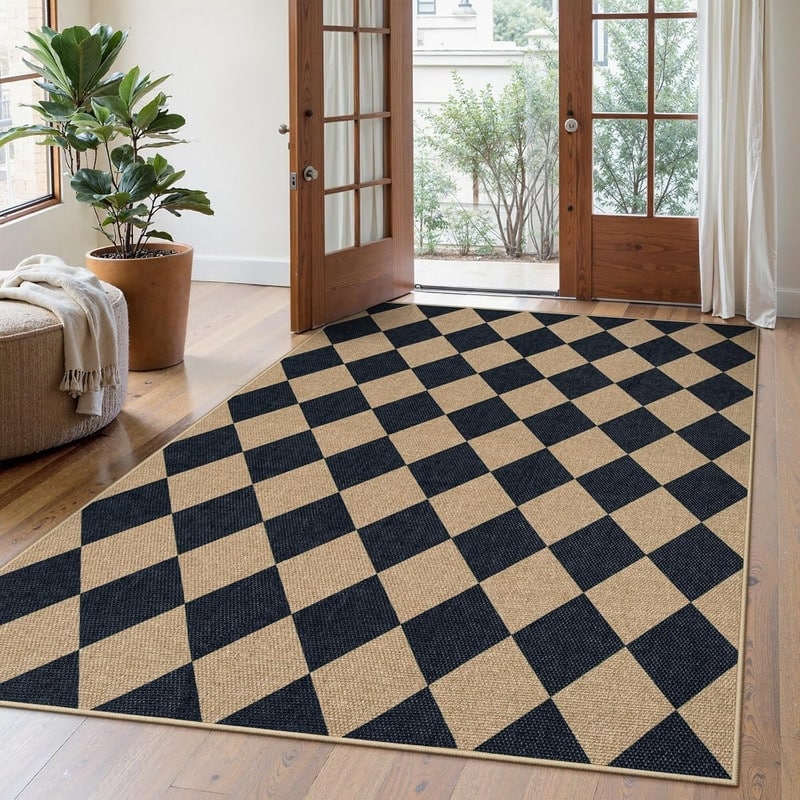 Checkered Easy Jute Outdoor Patio Rug, Washable Rugs