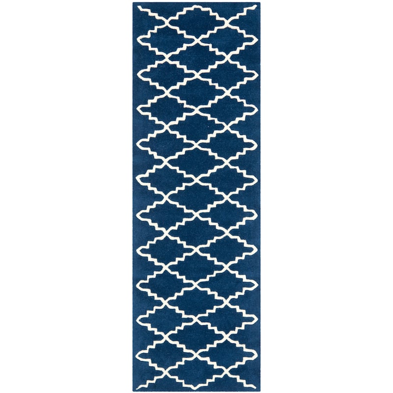 SAFAVIEH Handmade Chatham Slavna Modern Moroccan Wool Rug - 2'3" x 9' Runner - Dark Blue/Ivory
