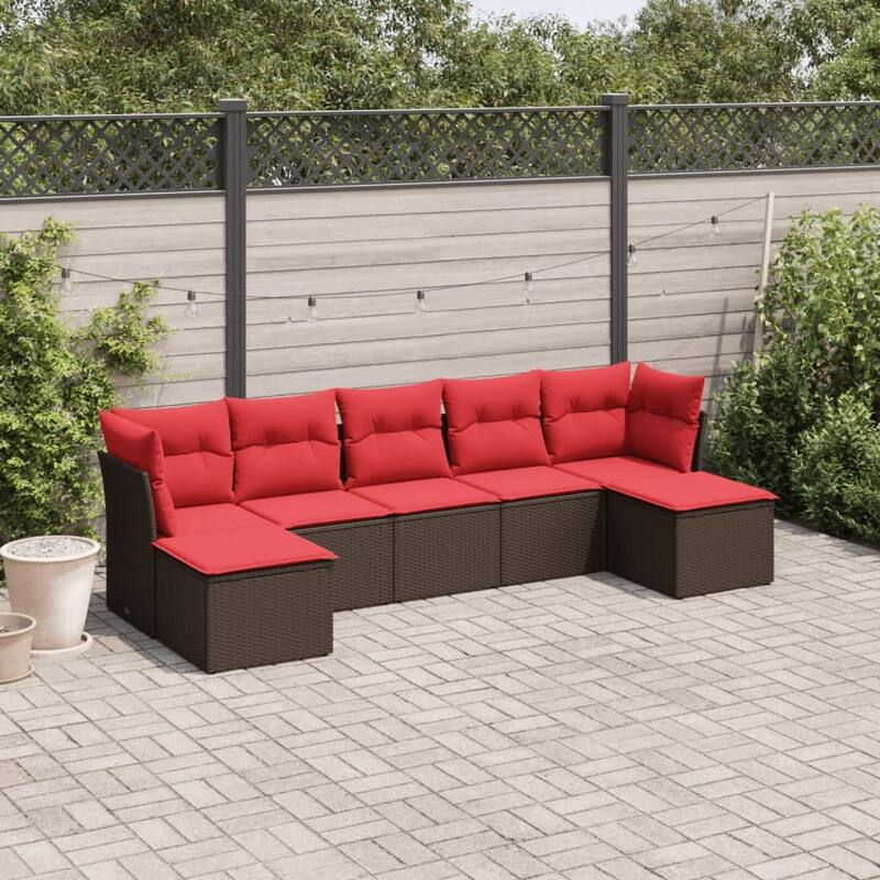vidaXL 7/8 Piece Patio Sofa Set with Cushions Black/Brown Poly Rattan - 21.7 x 24.4 x 27.2 - Brown and red Without table