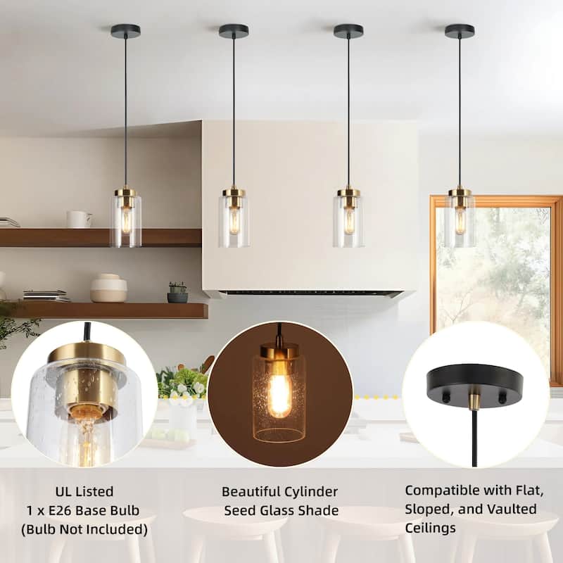 Modern Black Gold Cylindrical 1-Light Seeded Glass Kitchen Lighting Pendant Lights Dining Room for Kitchen Island