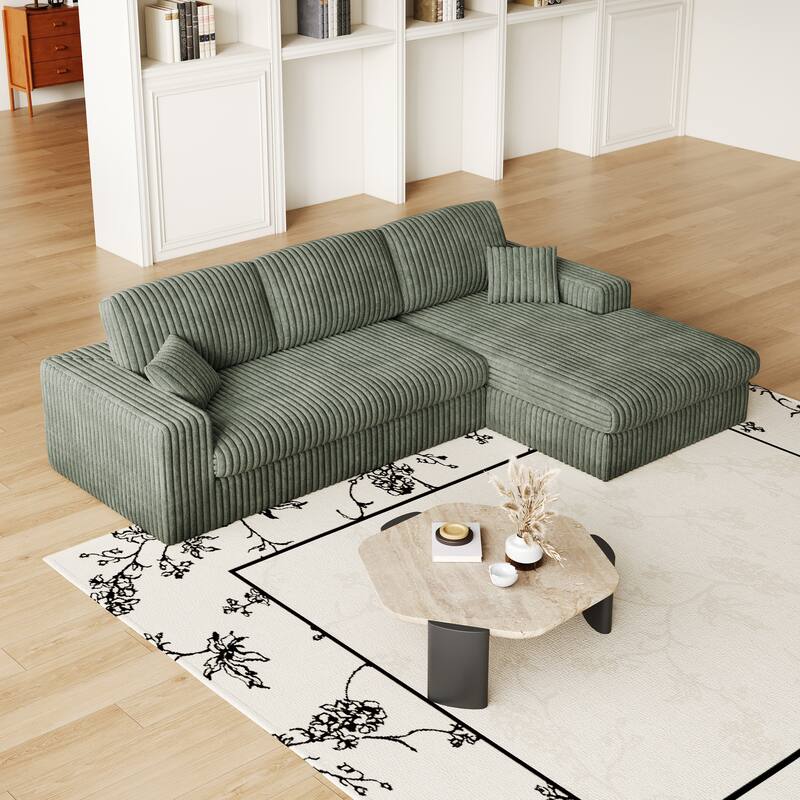 L-Shaped Sectional Sofa with Chaise Lounge, Corduroy Modular Foam Sofa, Upholstered Sofa with 2 Cushion & 2 Throw Pillows