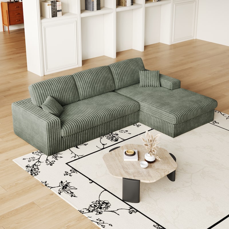 Roomfitters 114.5" Stylish Corduroy Modular Recliner Sofa, Convertible L-Shaped Couch with Neck Pillows & Throw Pillows